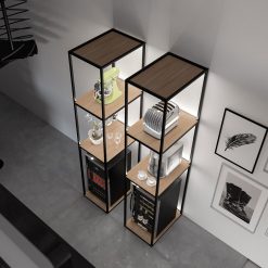 Custom shelving unit for large Wine Coolers with storage racks for hanging wine glasses